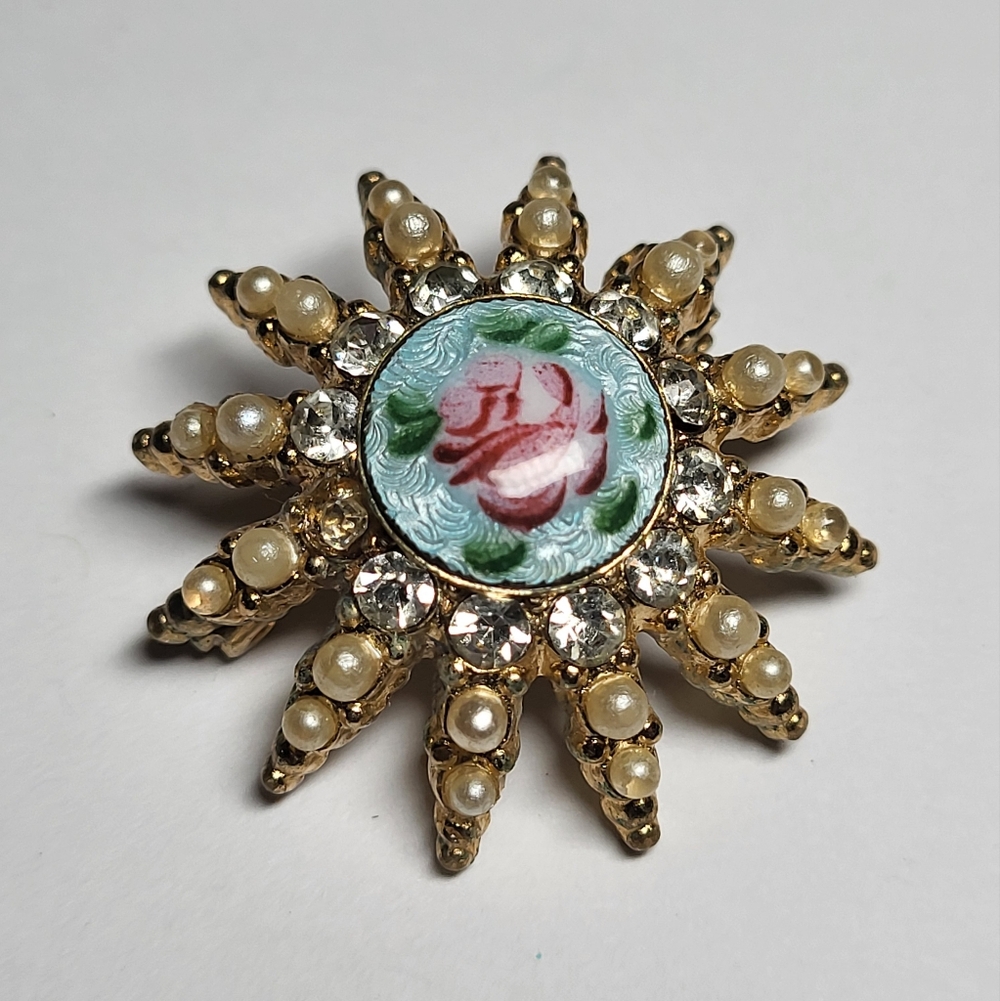 Vinrage Gold Tone, Rhinestone + Pearl Guilloché Enamel Brooch With Rose Detail